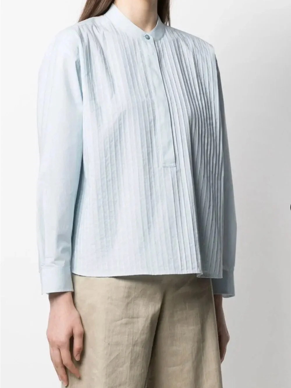 Tory Burch Powder Blue Band Collar Pleated Shirt Size 4